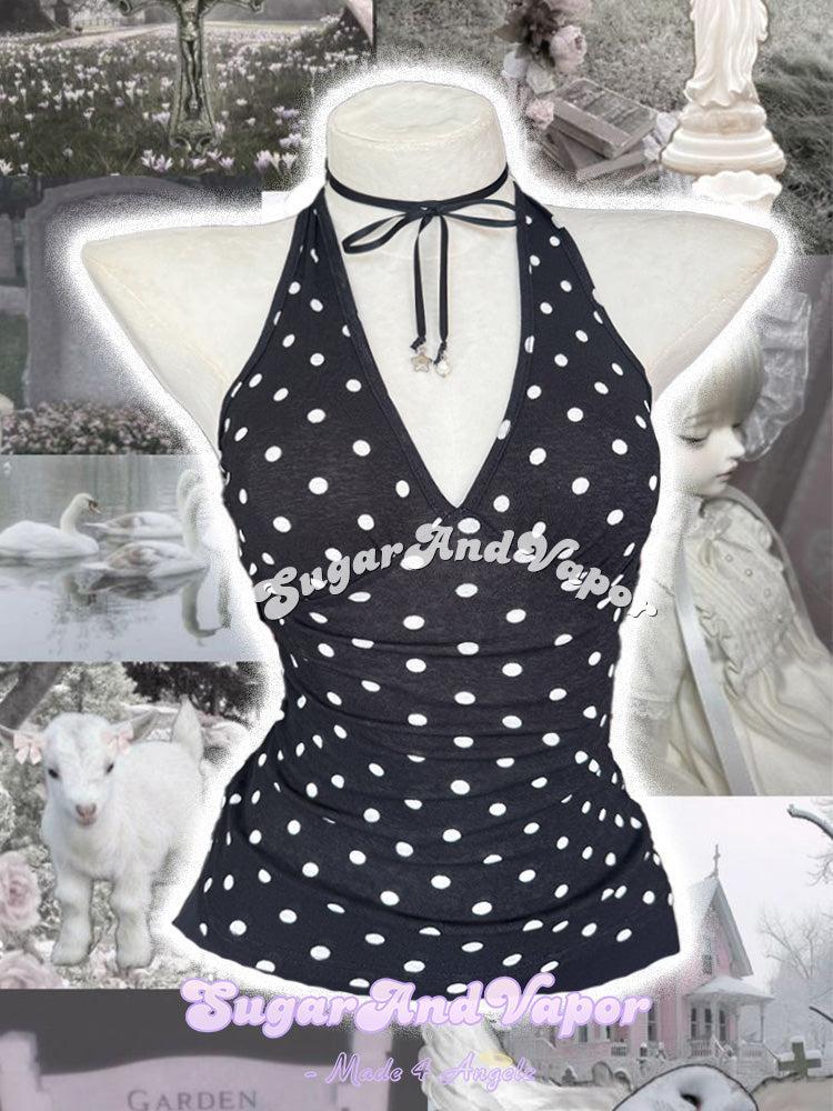 Liliane Vintage Polka V-neck Halter Top-TOPS-SugarAndVapor