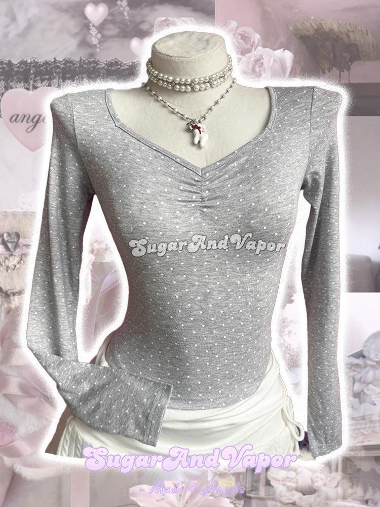 Abby Light Grey Polka Dot Long Sleeve Top-TOPS-SugarAndVapor