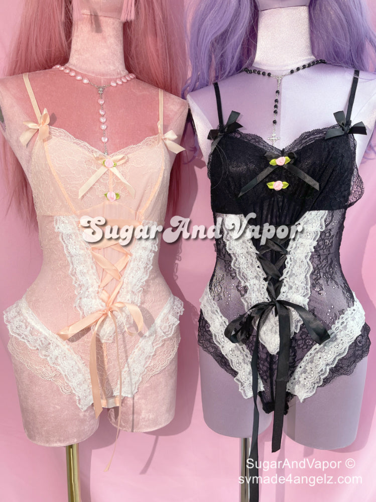 Akina Lace Patch Bodysuit Lingerie (Petite Size)-Lingeries-SugarAndVapor