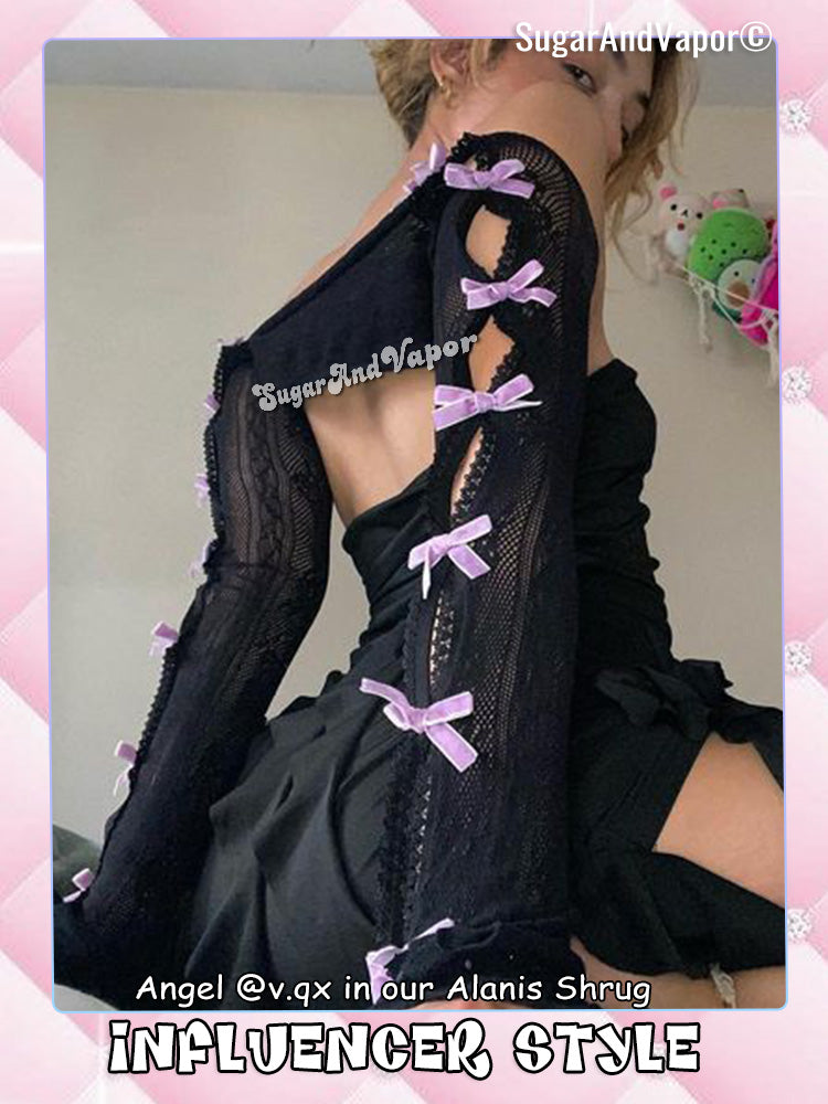 Alanis Bows Fishnets Sleeves Gloves Shrug Top-TOPS-SugarAndVapor