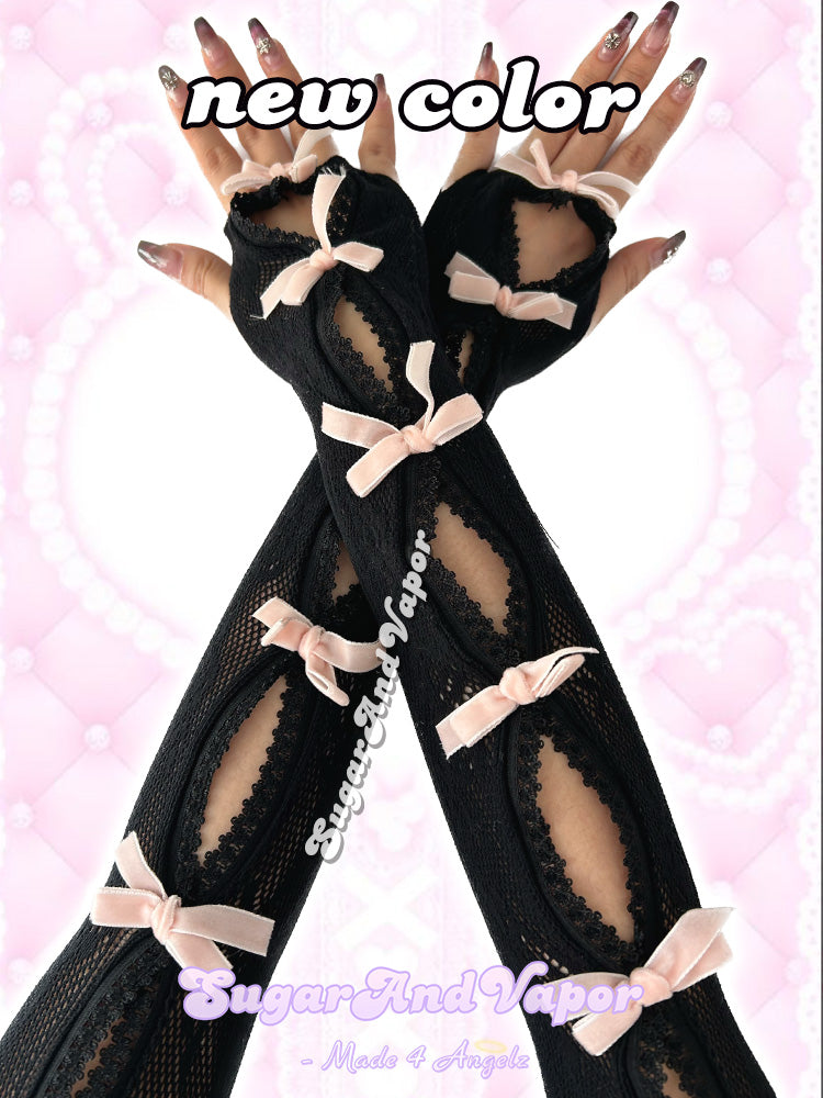 Alanis Bows Fishnets Sleeves Gloves Shrug Top-TOPS-SugarAndVapor