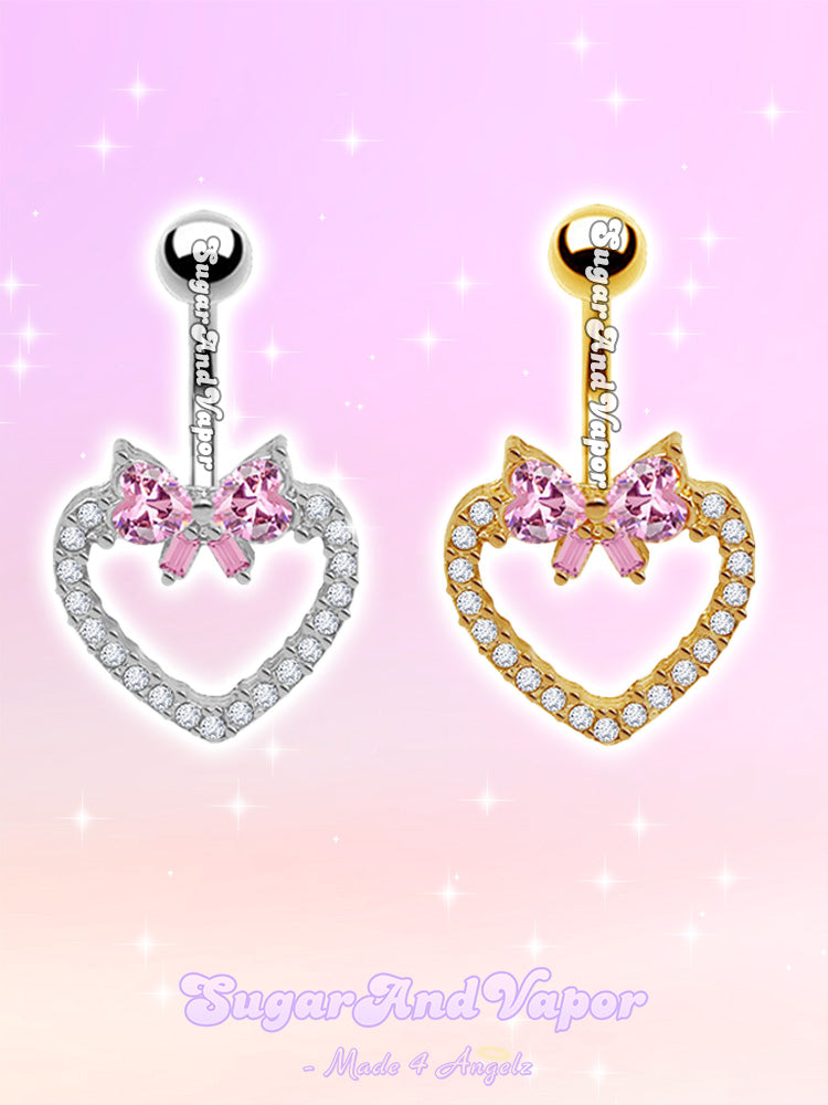 Ariana Pink Gem Bow Heart Belly Ring-Belly Ring-SugarAndVapor