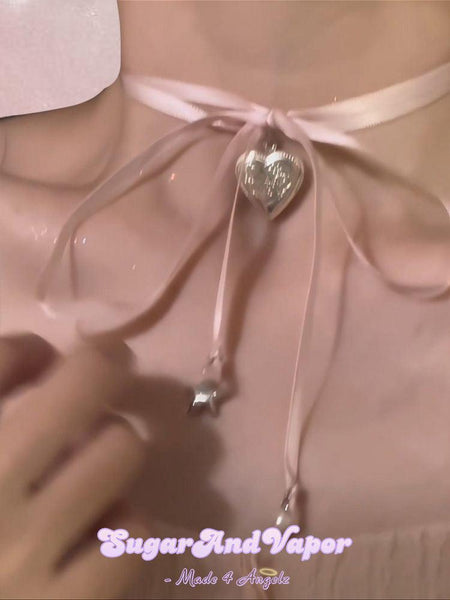 Arielle Pink Ribbon Lace-Up Choker Black / Os