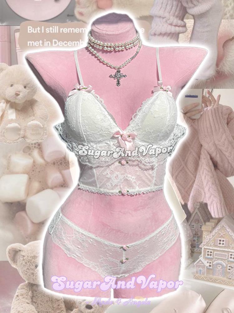 Asena Girly Pink Bows Lace Bustier Top Lingerie Set-Lingeries-SugarAndVapor