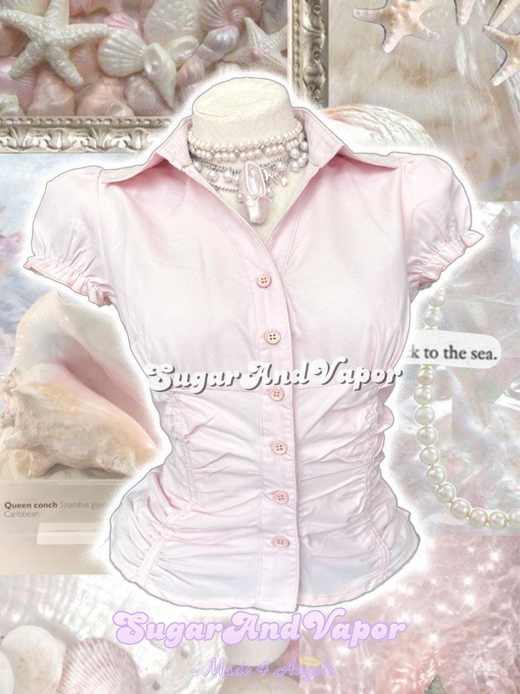 Claribel Ruched Petal Pink Puff Sleeve Blouse Top-TOPS-SugarAndVapor