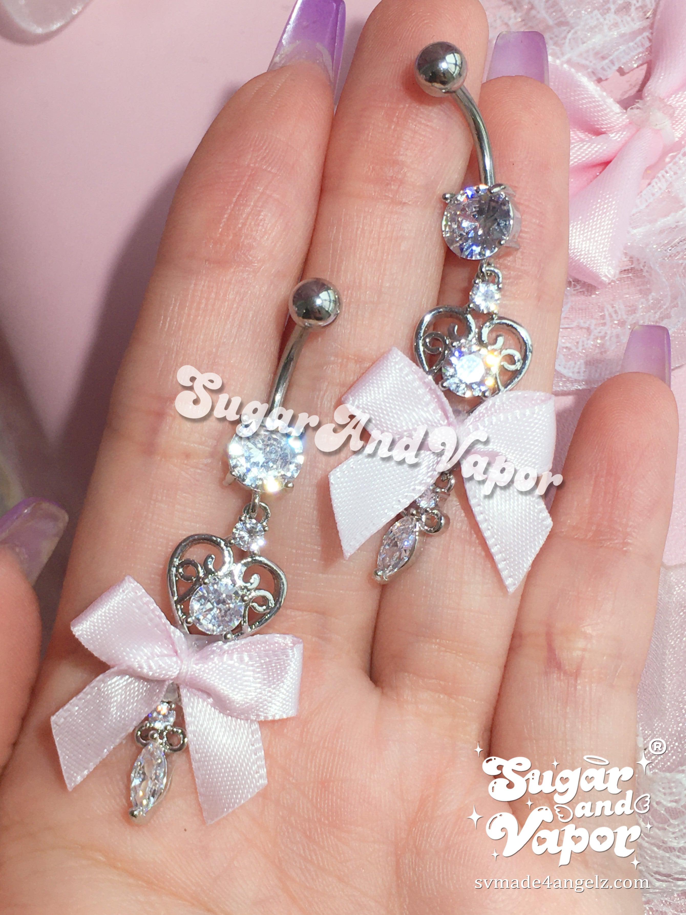 Coquette Baby Pink Ribbon Bow Belly Ring-Belly Ring-SugarAndVapor