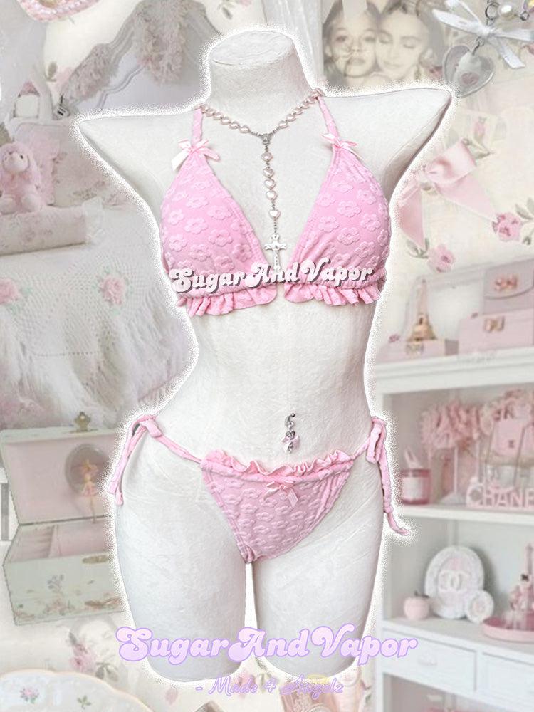 Cute Pink Daisy Girly Bikini Set-Swimsuits-SugarAndVapor