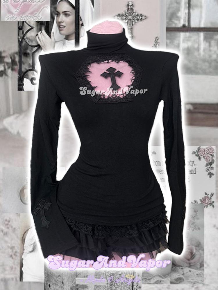 Dark Devotion Gothic Mesh Cross Long Sleeve Top-TOPS-SugarAndVapor