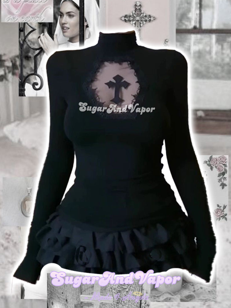 Dark Devotion Gothic Mesh Cross Long Sleeve Top-TOPS-SugarAndVapor
