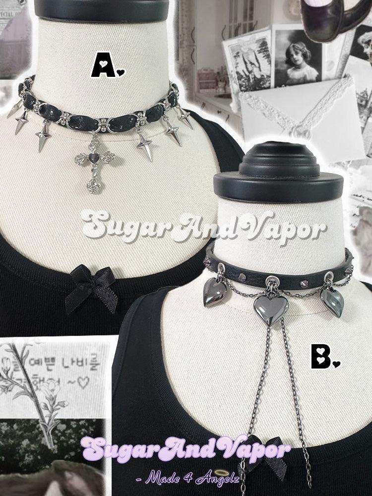 Dark Doll Cross Heart Pu Choker Necklace-NECKLACES-SugarAndVapor