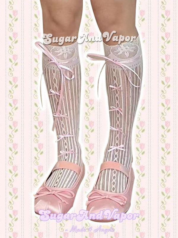 Dorothy Pink Ribbons Lace Knee-High Stockings-SOCKS & TIGHTS-SugarAndVapor