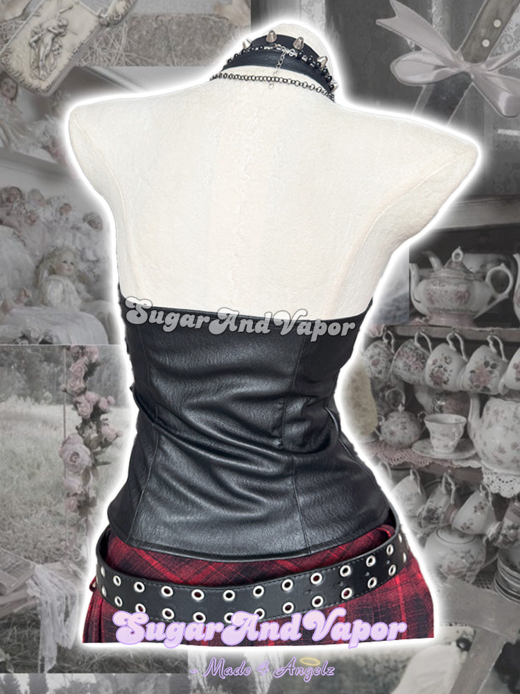 Draconia Punk Black PU Leather Halter Crop Top-TOPS-SugarAndVapor