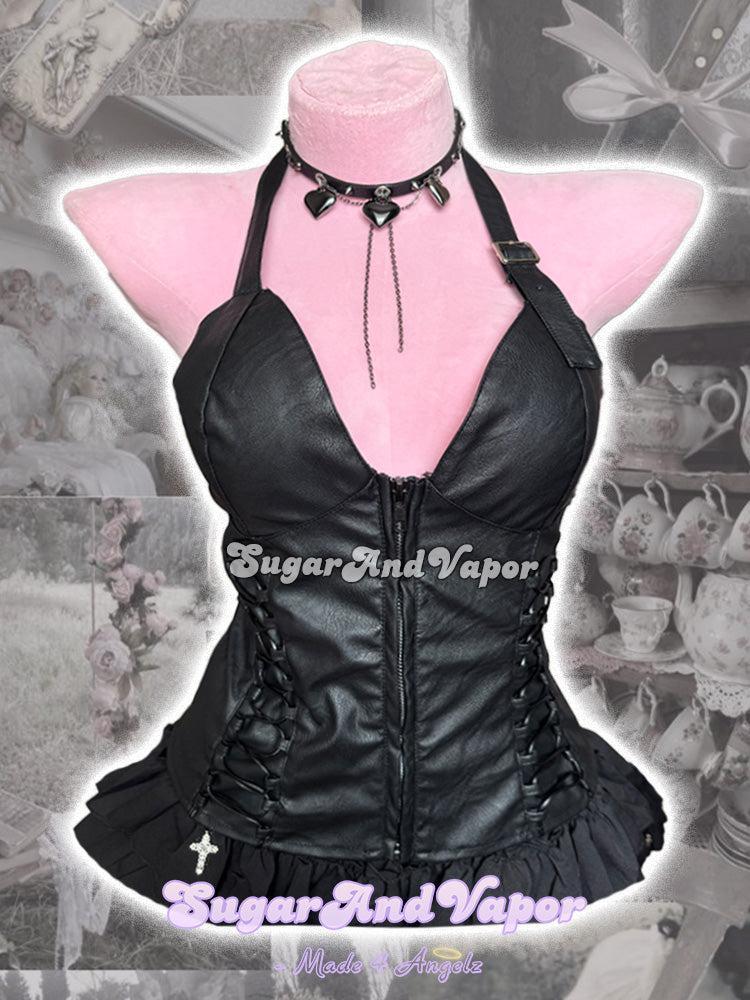 Draconia Punk Black PU Leather Halter Crop Top-TOPS-SugarAndVapor
