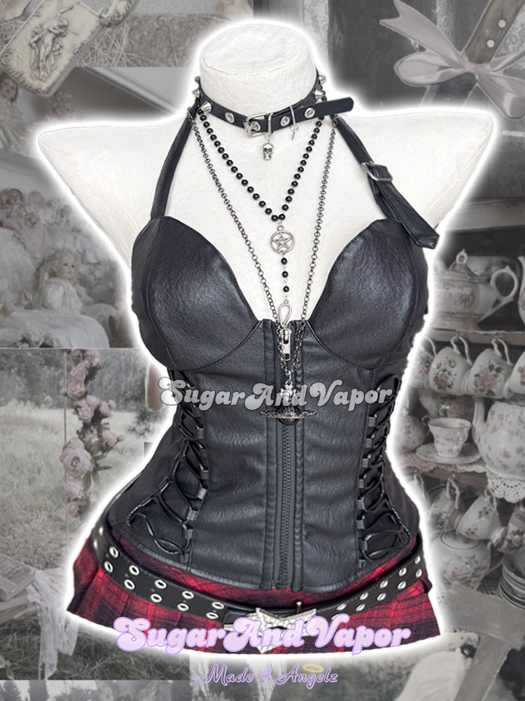 Draconia Punk Black PU Leather Halter Crop Top-TOPS-SugarAndVapor