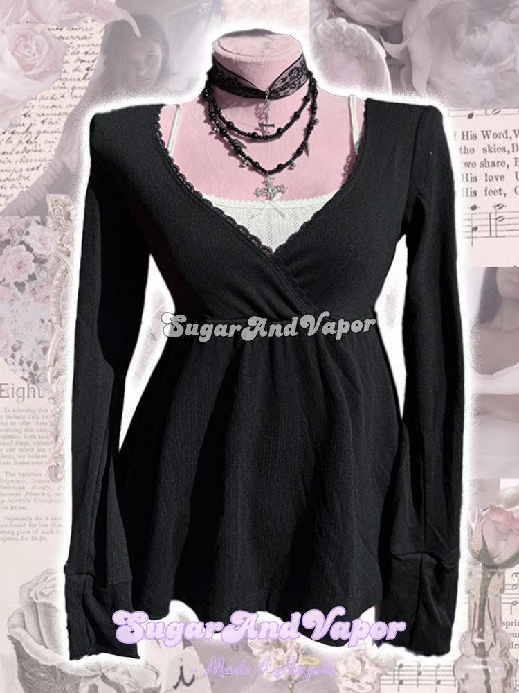 Elva Lace Trim BabyDoll Long Sleeve Top-TOPS-SugarAndVapor