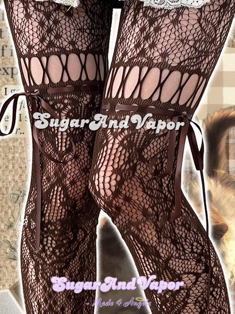 Elysian Lace Ribbon Coquette Fishnet Tights-SOCKS & TIGHTS-SugarAndVapor