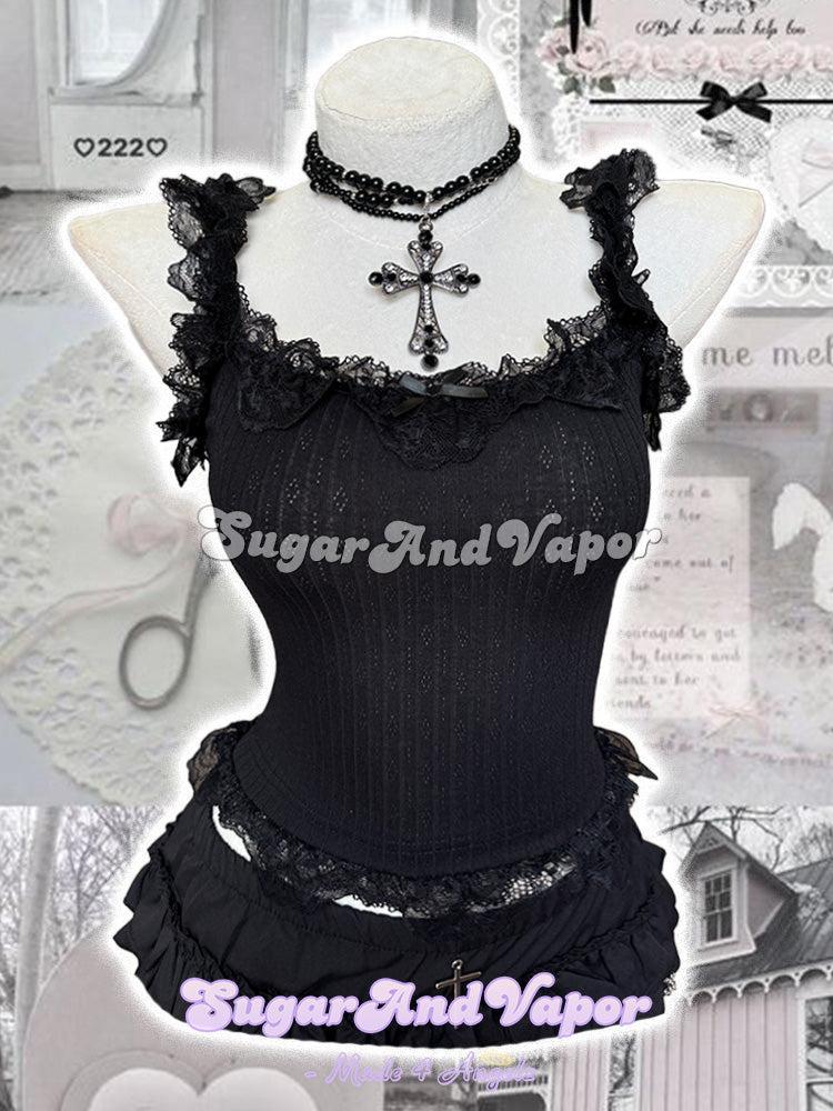 Esther Dark Coquette Black Lace Strappy Top-TOPS-SugarAndVapor