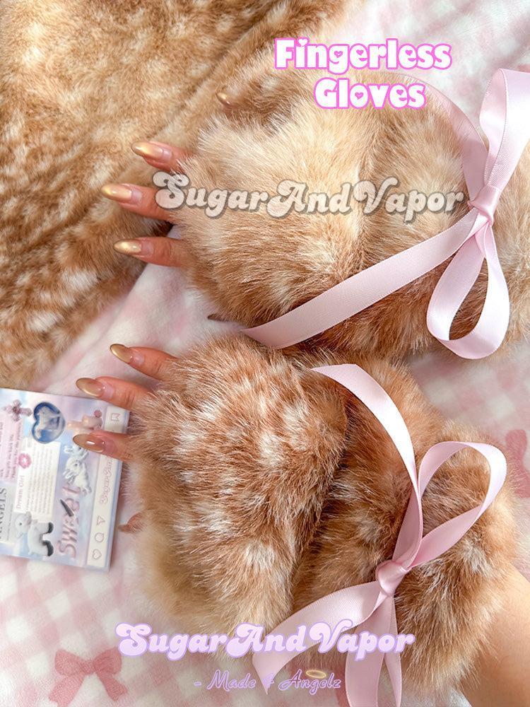 Fawn Dream Furry Pink Bow Warm Fingerless Gloves-Gloves-SugarAndVapor