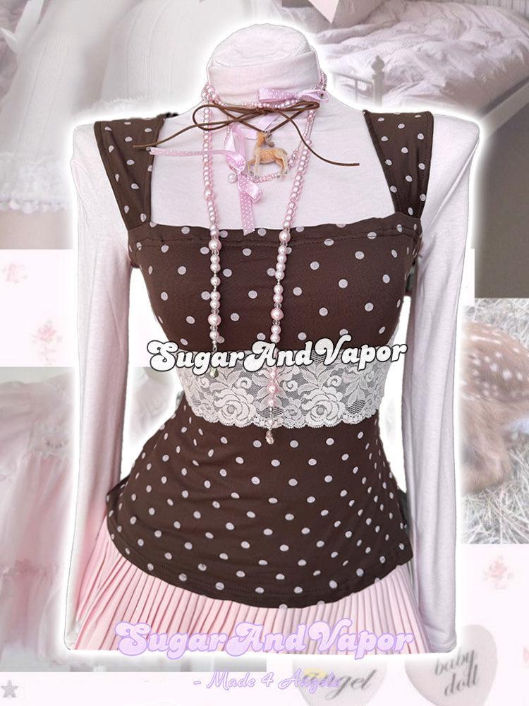 Felice Brown Pink Lace Polka Dot Cute Tank Top-TOPS-SugarAndVapor