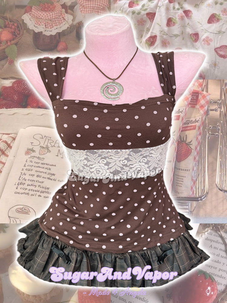 Felice Brown Pink Lace Polka Dot Cute Tank Top-TOPS-SugarAndVapor