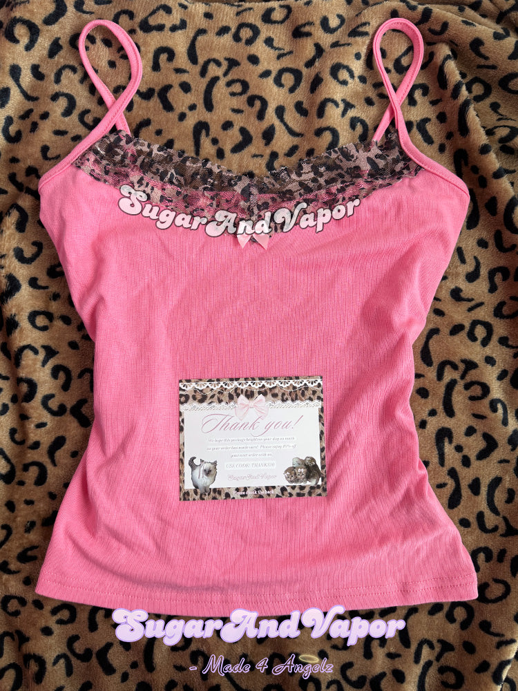 Flavia Y2K Hot Pink Leopard Lace Cami Top