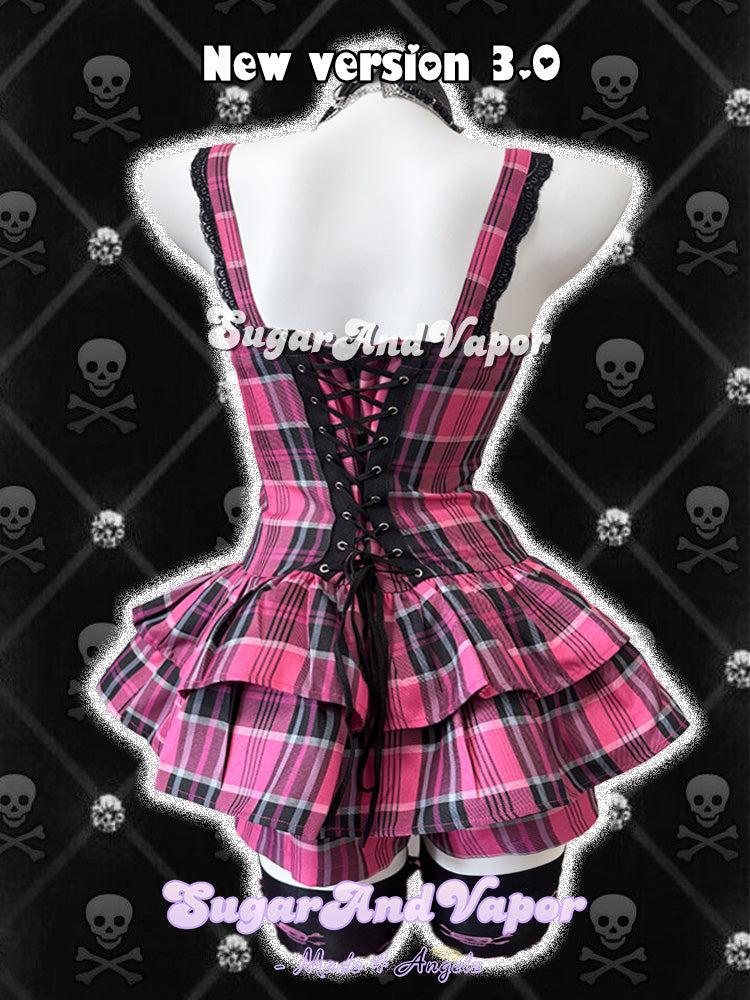 Grunge Doll Plaid Flared Romper Dress 3.0 (split two-piece set)-DRESSES-SugarAndVapor