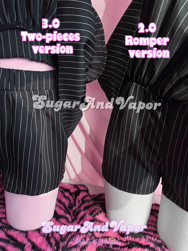 Grunge Doll Stripes Flared Romper Dress 3.0 (split two-piece set)-DRESSES-SugarAndVapor