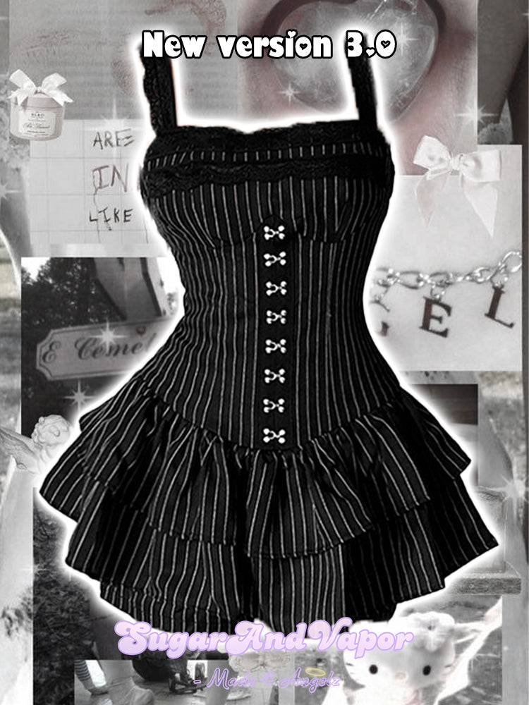 Grunge Doll Stripes Flared Romper Dress 3.0 (split two-piece set)-DRESSES-SugarAndVapor