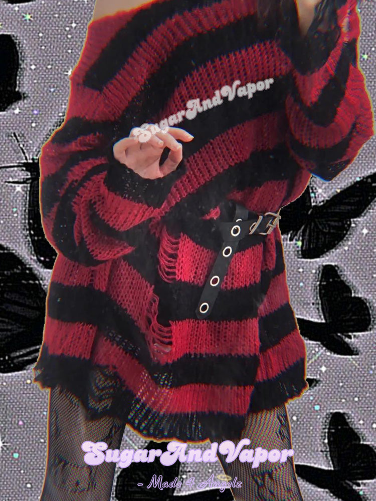 Grunge Stripes Ripped Sweater Dress Red / One Size fits S-XL Grunge Stripes Ripped Sweater Dress Red / One Size fits S-XL