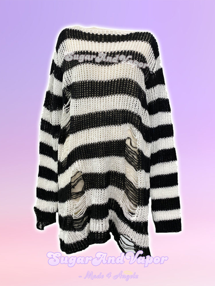 Grunge Stripes Ripped Sweater Dress-Sweaters-SugarAndVapor