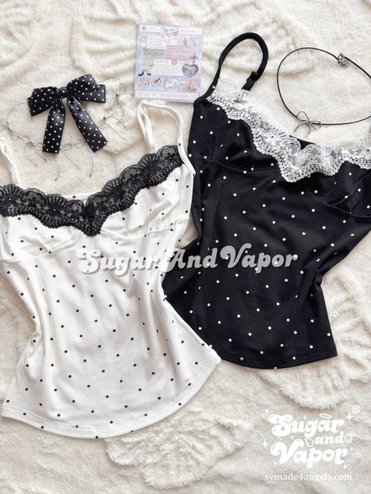 Juliette Girly Polka Dot Lace Strappy Cami Top-TOPS-SugarAndVapor