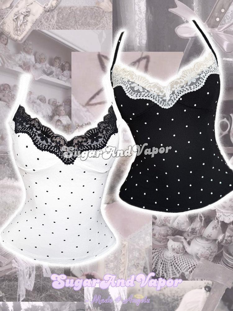 Juliette Girly Polka Dot Lace Strappy Cami Top-TOPS-SugarAndVapor