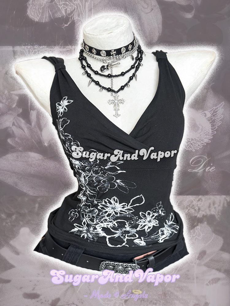 Lenora 2000s Floral Print Black V-neck Tank Top-TOPS-SugarAndVapor