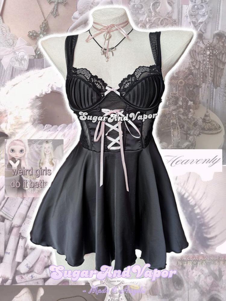 Lila Black Satin Pink Ribbon Fairy Slip Dress Black / M-L