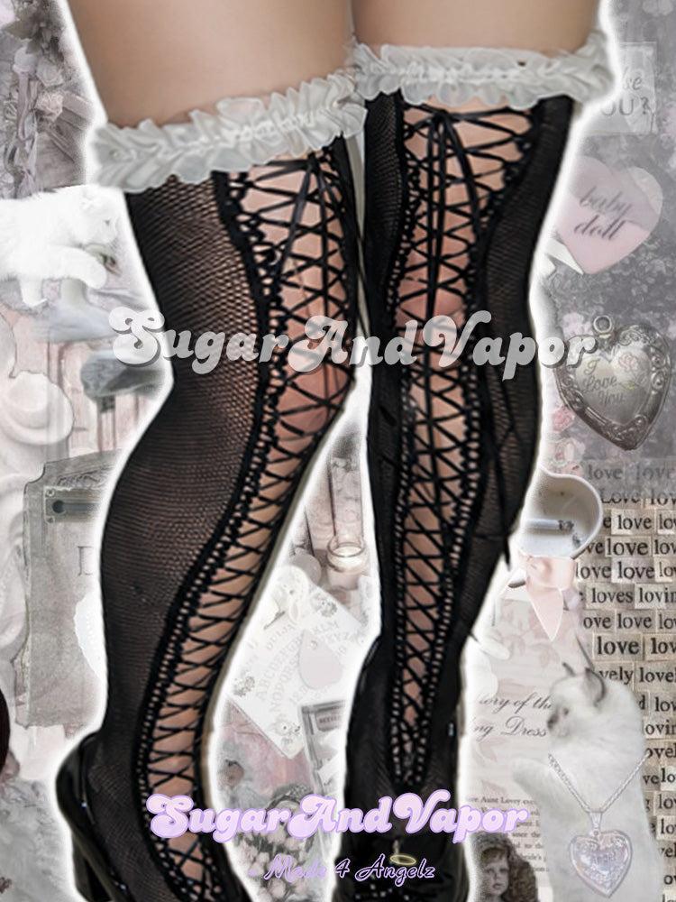 Lilith Dollette Ruffle Lace-up Fishnet Thigh Highs-SOCKS & TIGHTS-SugarAndVapor