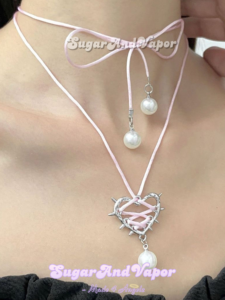 Lilybeth Pearls Thorns Heart Lace-up Choker-NECKLACES-SugarAndVapor