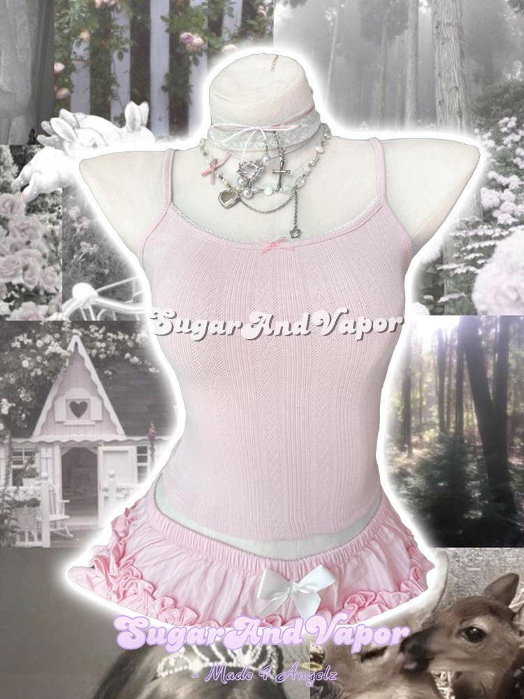 Lucie Pale Pink Knit Baby Bow Cami Top-TOPS-SugarAndVapor