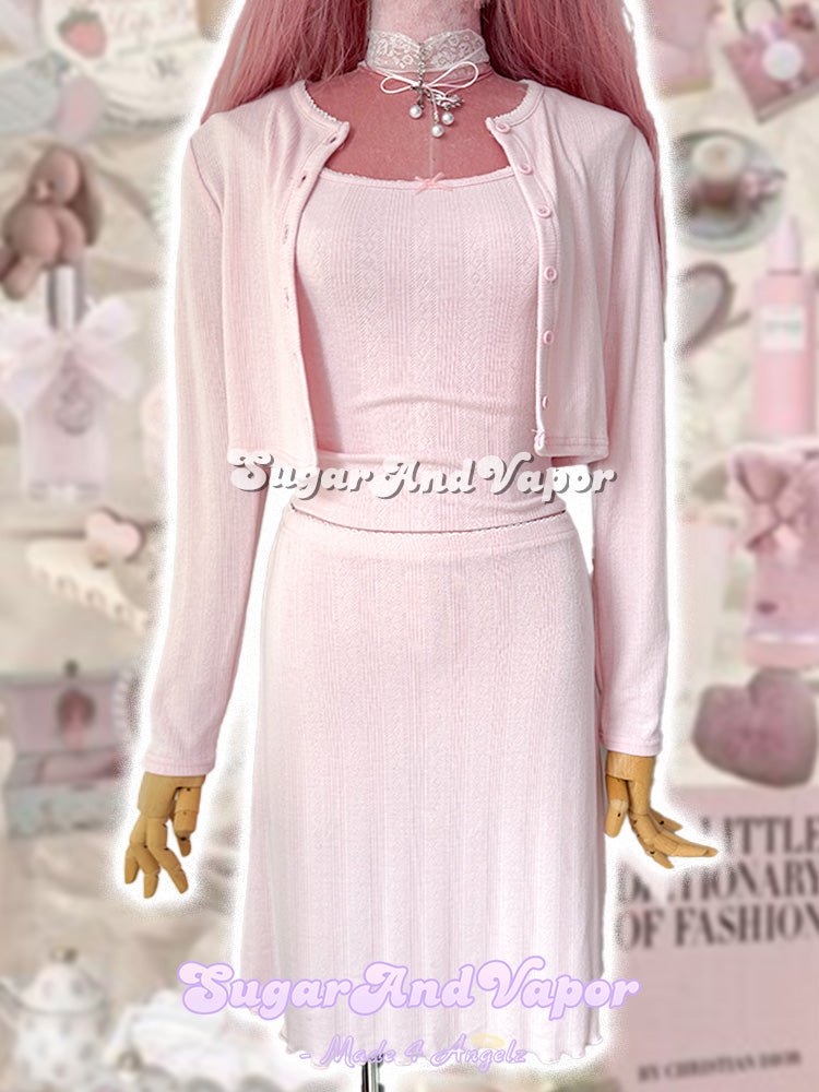 Lucie Pale Pink Knit Baby Cami Top/Cardigan/Midi Skirt-TOPS-SugarAndVapor