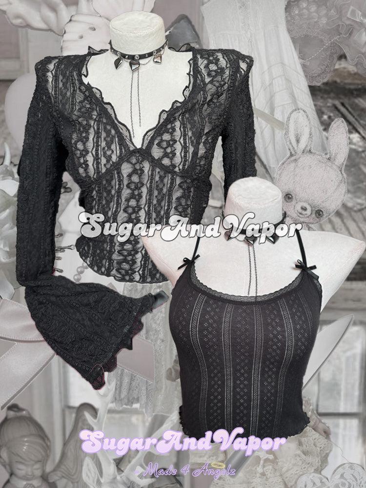 Lunaria Dark Romantic Black Lace Top + Cami Set-TOPS-SugarAndVapor