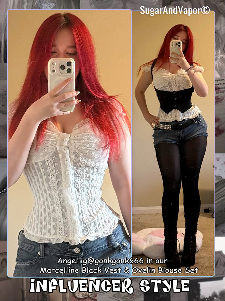 Marcelline Black Vest & Oveline White Blouse Top Set-TOPS-SugarAndVapor