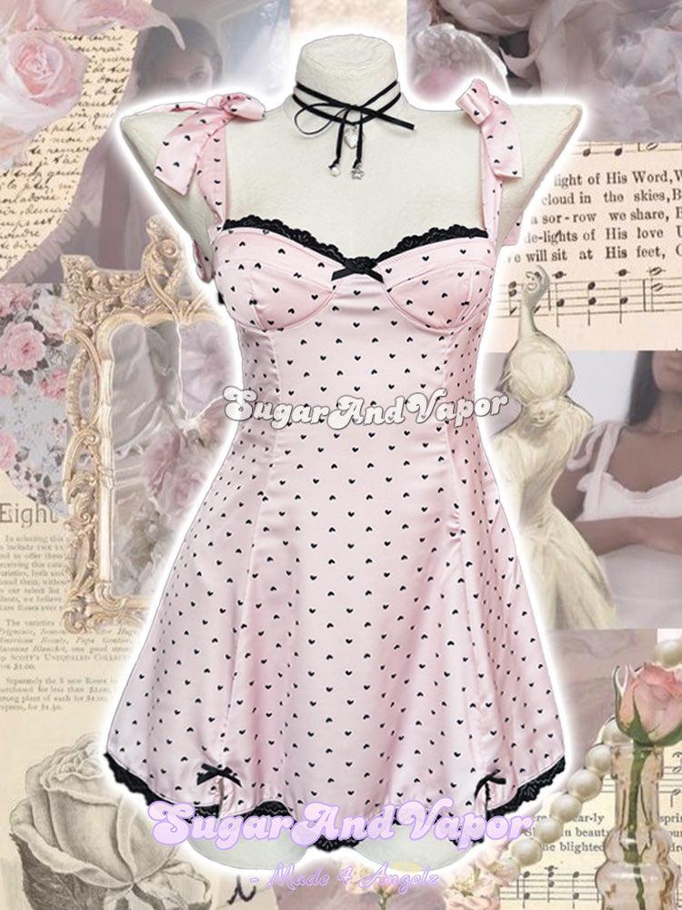 Minnie Heart Polka Pink Satin Mini Dress-DRESSES-SugarAndVapor