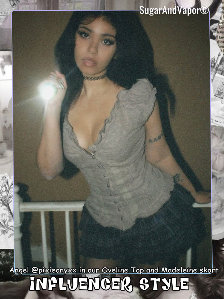 Oveline Shadow Grey Eyelet Ruffle Blouse Top-TOPS-SugarAndVapor