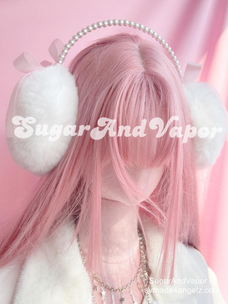 Pink Bow White Furry Warm Earmuffs-Hats-SugarAndVapor