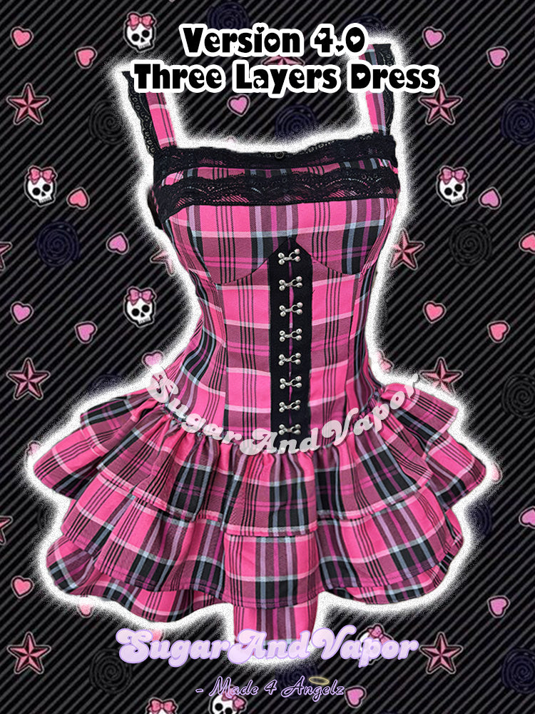 (Pre-order) Grunge Doll Hot Pink Plaid Flared Romper Dress 4.0 (Three Layered Dress)-DRESSES-SugarAndVapor