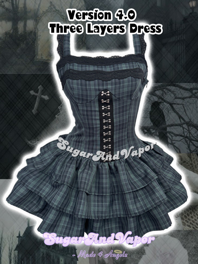 (Pre-order)Grunge Doll Dark Green Plaid Flared Dress 4.0 (Three Layered Dress)-DRESSES-SugarAndVapor