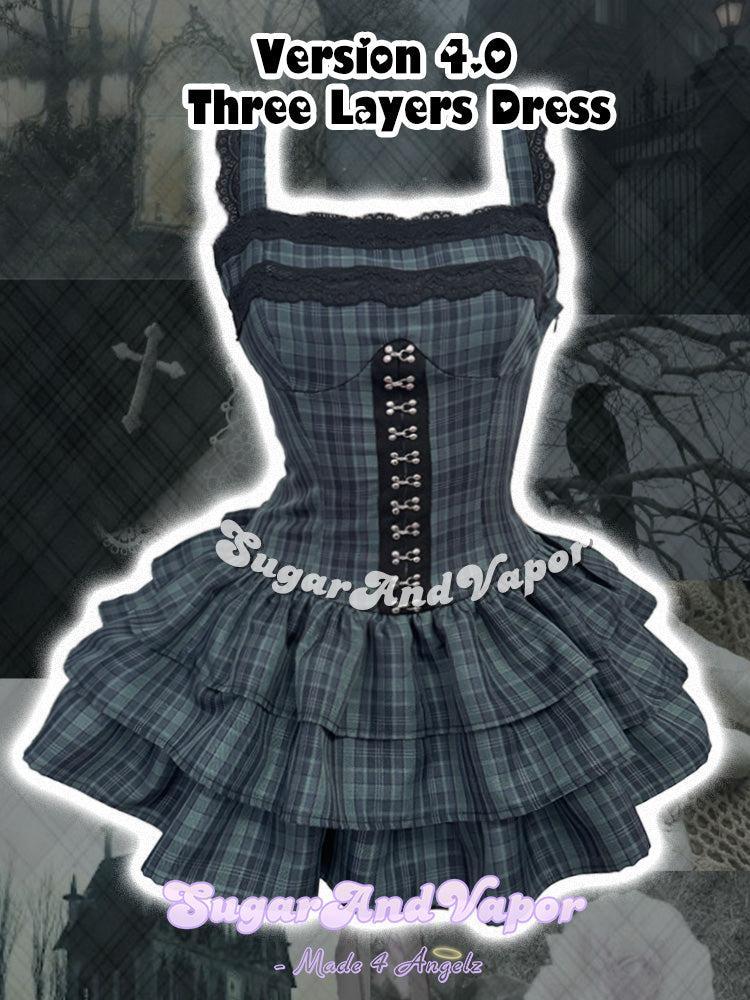 (Pre-order)Grunge Doll Dark Green Plaid Flared Dress 4.0 (Three Layered Dress)-DRESSES-SugarAndVapor