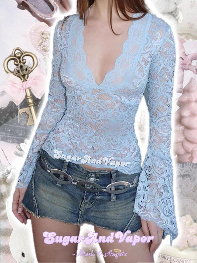 Ravena Deep V Neck See-though Lace Top-TOPS-SugarAndVapor