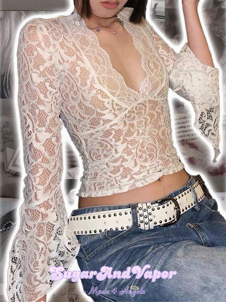 Ravena Deep V Neck See-though Lace Top-TOPS-SugarAndVapor