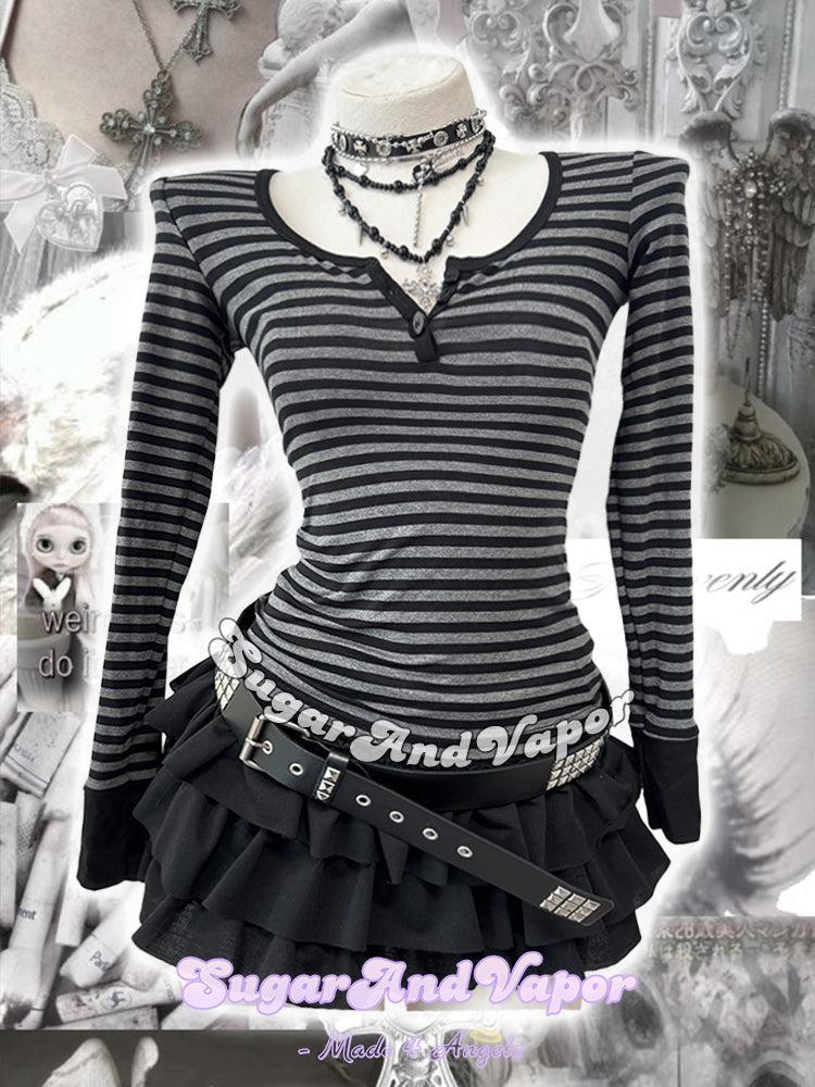 Sabrina Henley Black Grey Stripe Fitted Top-TOPS-SugarAndVapor
