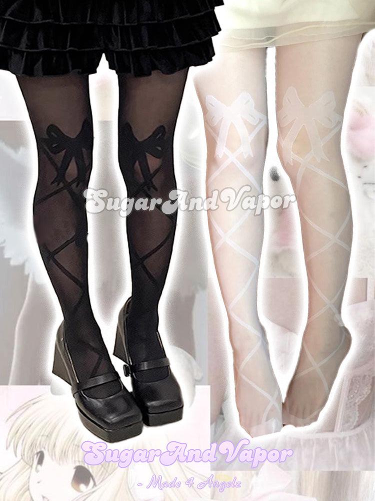 Tanith Girly Lace-up Bow Pattern Sheer Tights-SugarAndVapor